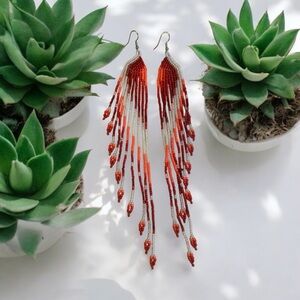 Elegant Long Beaded Earrings - Red, White and Orange Colors of a Summer Sunset